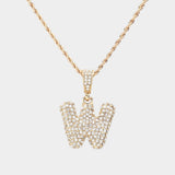 -W- Rhinestone Initial Monogram Pendant Brass Chain Necklace