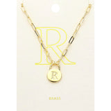 -R- Brass Metal Initial Monogram Lock Pendant Necklace
