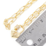 Gold Dipped CZ Stone Paved Heart Lock Pendant Paperclip Chain Necklace