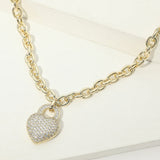 14K Gold Plated CZ Pave Heart Heart Pendant Chunky Chain Necklace