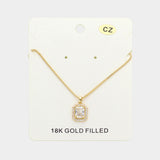 18K Gold Filled CZ Stone Square Pendant Necklace