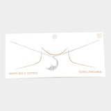 White Gold Dipped CZ Embellished Metal North Star Crescent Moon Pendant Necklace