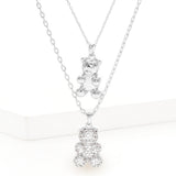 White Gold Dipped CZ Embellished Metal Bear Pendant Double Layered Necklace