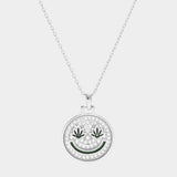 White Gold Dipped Hemp Leaf Pointed CZ Smile Pendant Necklace