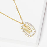 -W- Gold Dipped Metal Initial Monogram Rhinestone Oval Link Pendant Necklace