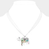 Abalone Metal Elephant Pendant Triple Chain Layered Necklace
