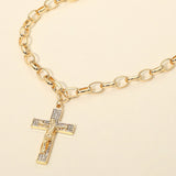 Rhinestone Pave Jesus Christ Cross Pendant Chunk Chain Necklace