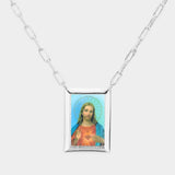 White Gold Dipped Brass Metal Sacred Heart of Jesus Pendant Necklace