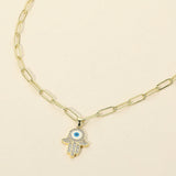 Stainless Steel CZ Stone Paved Evil Eye Hamsa Hand Pendant Paperclip Chain Necklace