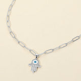 Stainless Steel CZ Stone Paved Evil Eye Hamsa Hand Pendant Paperclip Chain Necklace