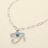 Stainless Steel CZ Stone Paved Eye of Horus Pendant Paperclip Chain Necklace