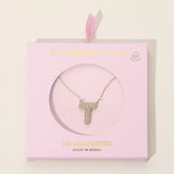 -T- 14K Gold Dipped CZ Stone Paved Initial Monogram Pendant Necklace