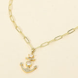 Stainless Steel CZ Stone Star Anchor Pendant Paperclip Chain Necklace