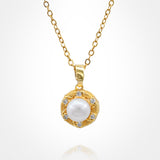 Stainless Steel CZ Stone Rim Pearl Pendant Necklace
