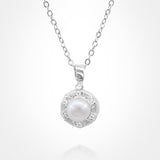 Stainless Steel CZ Stone Rim Pearl Pendant Necklace
