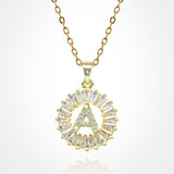 -A- Stainless Steel CZ Stone Embellished Round Initial Monogram Pendant Necklace