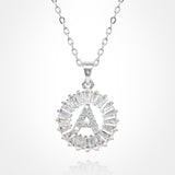 -A- Stainless Steel CZ Stone Embellished Round Initial Monogram Pendant Necklace