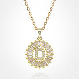 -D- Stainless Steel CZ Stone Embellished Round Initial Monogram Pendant Necklace