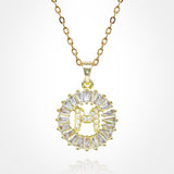-M- Stainless Steel CZ Stone Embellished Round Initial Monogram Pendant Necklace