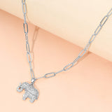 Stainless Steel CZ Stone Paved Elephant Charm Pendant Paperclip Chain Necklace