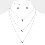 Triple Layer Stone Cross Heart Pendant Necklace