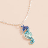 Stone Paved Colored Metal Seahorse Pendant Necklace