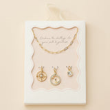 Semi Fine Collection - 18K Gold Dipped Brass Metal Stone Paved Star Moon Compass Stone Charm Pendant Paperclip Chain Necklace