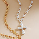 Pearl Pointed Cross Pendant Textured Metal Chain Necklace