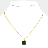18K Gold Dipped Stainless Steel CZ Rectangle Pendant Necklace