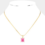 18K Gold Dipped Stainless Steel CZ Rectangle Pendant Necklace
