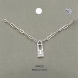 Brass Metal Stone Paved Lock Pendant Necklace