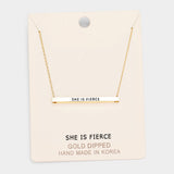 'She Is Fierce' Horizontal Metal Bar Pendant Necklace