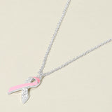 Stone Paved Enamel Pink Ribbon Pendant Necklace