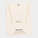 'Beautiful' Horizontal Metal Bar Pendant Necklace