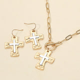 Women's Brushed Hammered Metal Cross Pendant Paperclip Chain Toggle Necklace