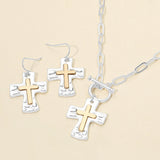 Women's Brushed Hammered Metal Cross Pendant Paperclip Chain Toggle Necklace