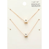 2PCS - -A- Initial Monogram Metal Cube Pendant Necklace / Bracelet Set