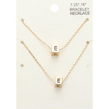 2PCS - -E- Initial Monogram Metal Cube Pendant Necklace / Bracelet Set
