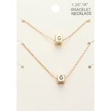 2PCS - -G- Initial Monogram Metal Cube Pendant Necklace / Bracelet Set