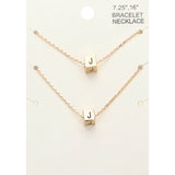 2PCS - -J- Initial Monogram Metal Cube Pendant Necklace / Bracelet Set