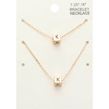2PCS - -K- Initial Monogram Metal Cube Pendant Necklace / Bracelet Set