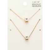 2PCS - -M- Initial Monogram Metal Cube Pendant Necklace / Bracelet Set