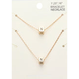 2PCS - -N- Initial Monogram Metal Cube Pendant Necklace / Bracelet Set