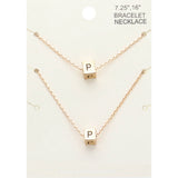 2PCS - -P- Initial Monogram Metal Cube Pendant Necklace / Bracelet Set
