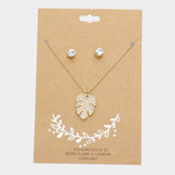 Rhinestone Embellished Tropical Leaf Pendant Necklace