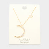 Gold Dipped Cubic Zirconia Moon Star Pendant Necklace