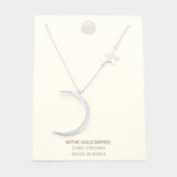 White Gold Dipped Cubic Zirconia Moon Star Pendant Necklace