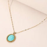 Stainless Steel Beaded Trim Oval Stone Pendant Necklace