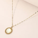Stainless Steel Beaded Trim Oval Stone Pendant Necklace