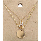 -H- Rhinestone Initial Initial Monogram Metal Disc Pendant Double Layered Necklace